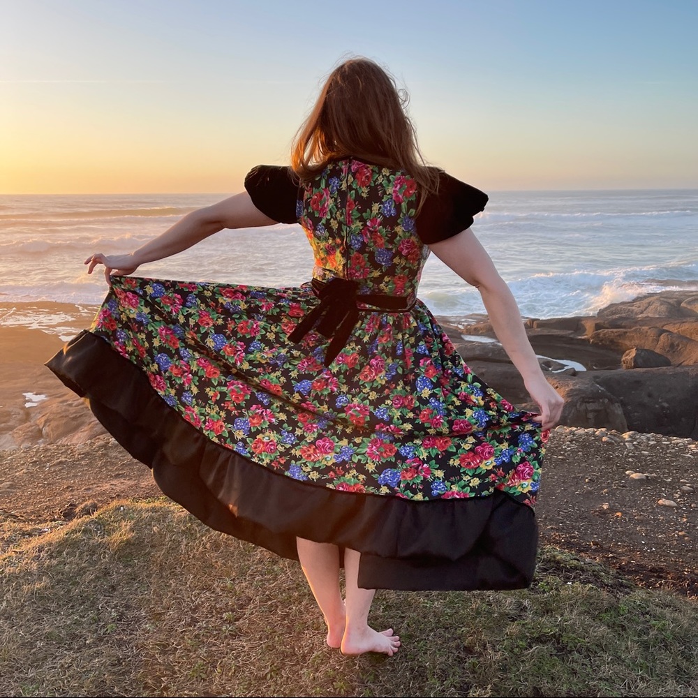 Handmade Gunne Sax Style Vintage Upcycle Homespun Gown Black Floral Print Velvet - Picture 6 of 9